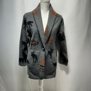 Vintage Andrea Faye Womens Gray Moose Bear Print Button Front Cardigan Sweater